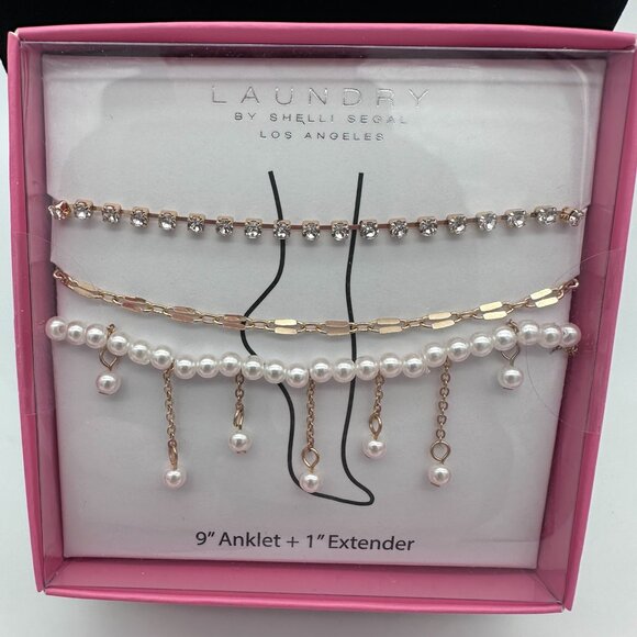 Laundry by Shelli Segal 9" Gold Tone Rhinestones Faux Pearls Anklet Set - Picture 1 of 9